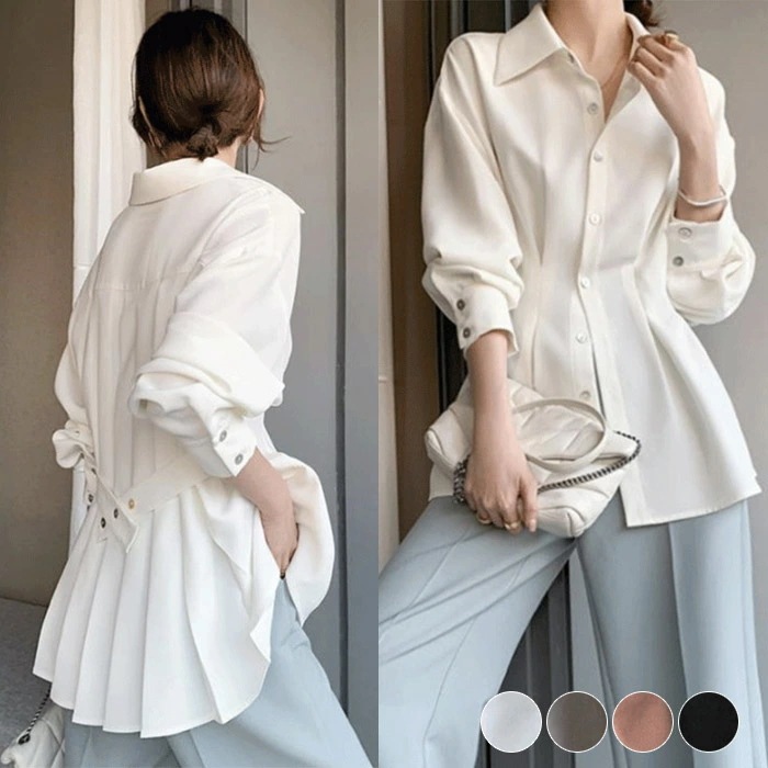 ブラウス レディース プリーツ ペプラム ウエストマーク エレガント おしゃれ 長袖 シフォン シフォンブラウス