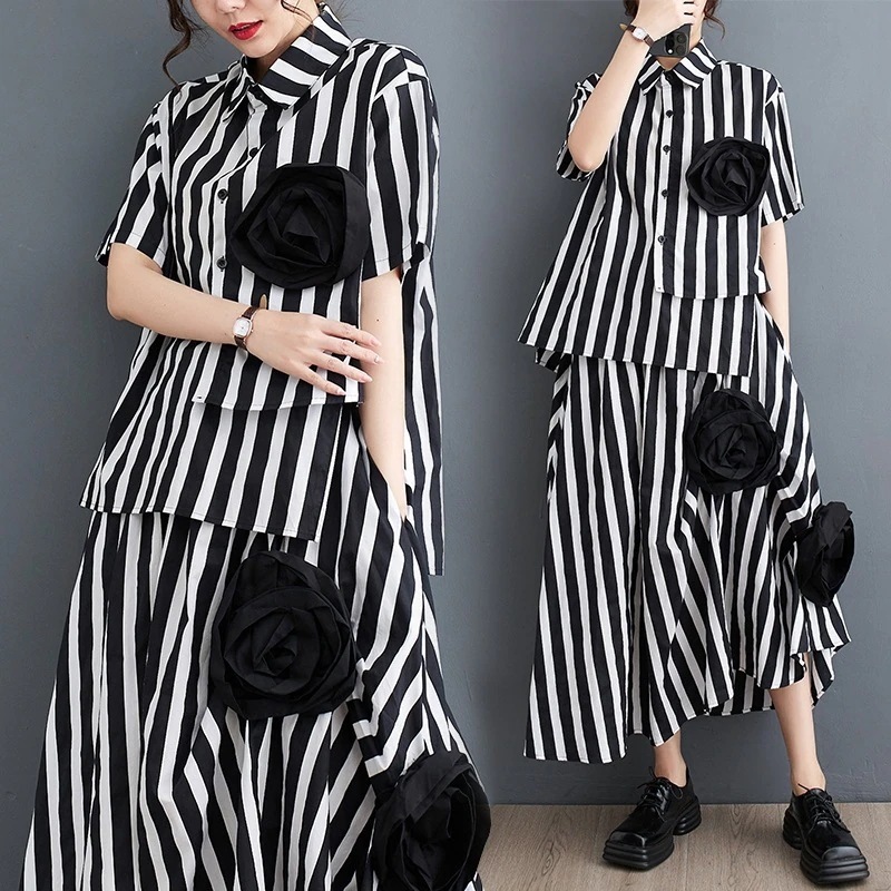 大きいサイズの涼しく楽ちんセットアップ2024夏のゆるいファッション立体花縞シャツ縞花話題サテンスカート30%制限