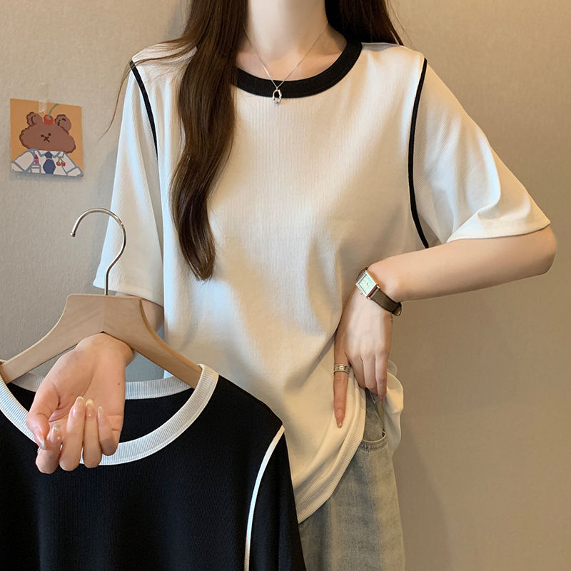 アイスシルク半袖Tシャツ女性の夏の新しい緩い薄い百ヤードのデザインセンスで長い段落底シャツトップス3354