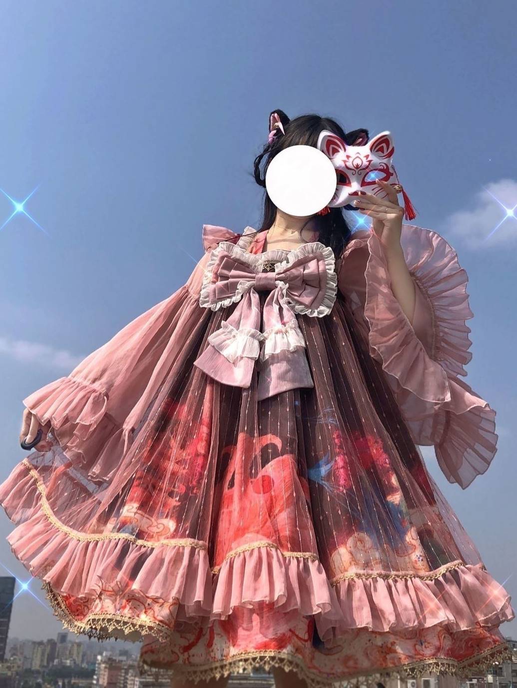 Lolita キツネ中華風プリンセススカートop長袖ピンク可愛い仙女ワンピース 二次元 文化祭 メイド服