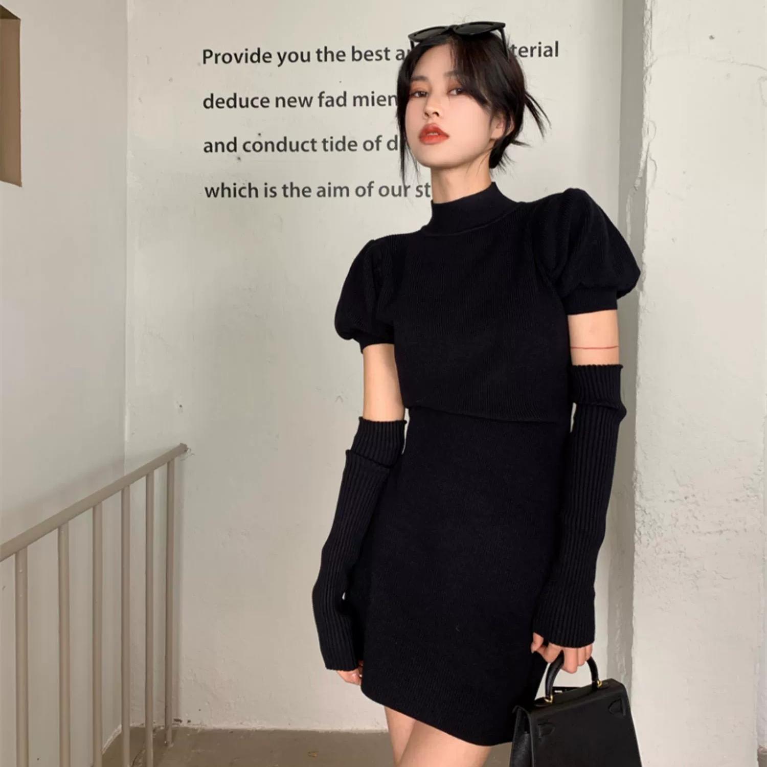 ワンピース ニットワンピース ミニ丈 半袖 クルーネック スリム タイト 細身 アームウォーマー かわいい 大人可愛い きれいめ シンプル カジュアル 大人 上品 おしゃれ 大人可愛い 大人女子