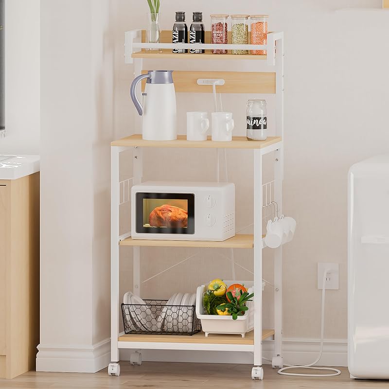 LunarLight キッチンベイカーラック 幅57×奥行39.2×高さ133cm キッチンラック レンジラック オープンラック プリンター台 2口コンセント付き 棚板レールでスライド式 総耐荷重10