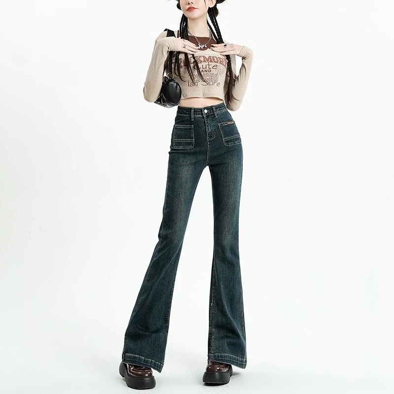 ハイウエストマイクロフレアジーンズ女性新しいタイトなアメlリカのハイストリートレトロ細いズボン