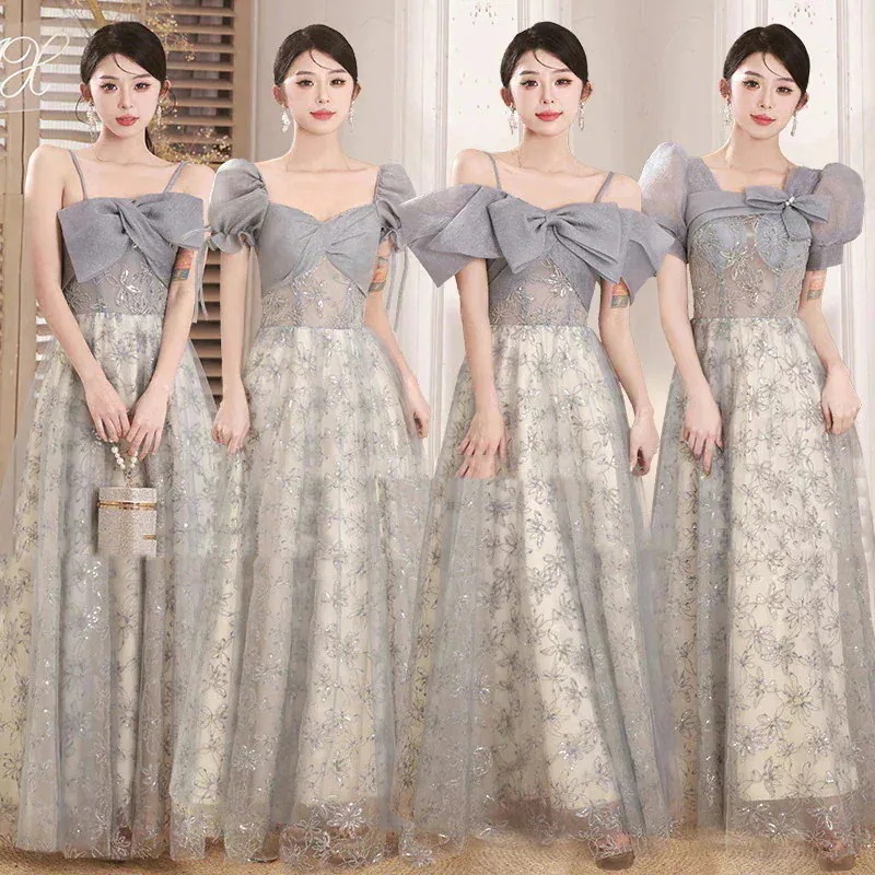 NEW 2026! 1～3日出荷 ドレス 30 母親 【縁喜】花嫁ロングドレスブライズメイド 同窓会 グレー 体型カバー お揃いドレス パーティードレス フォーマルドレス 結婚式ワンピース Vネック