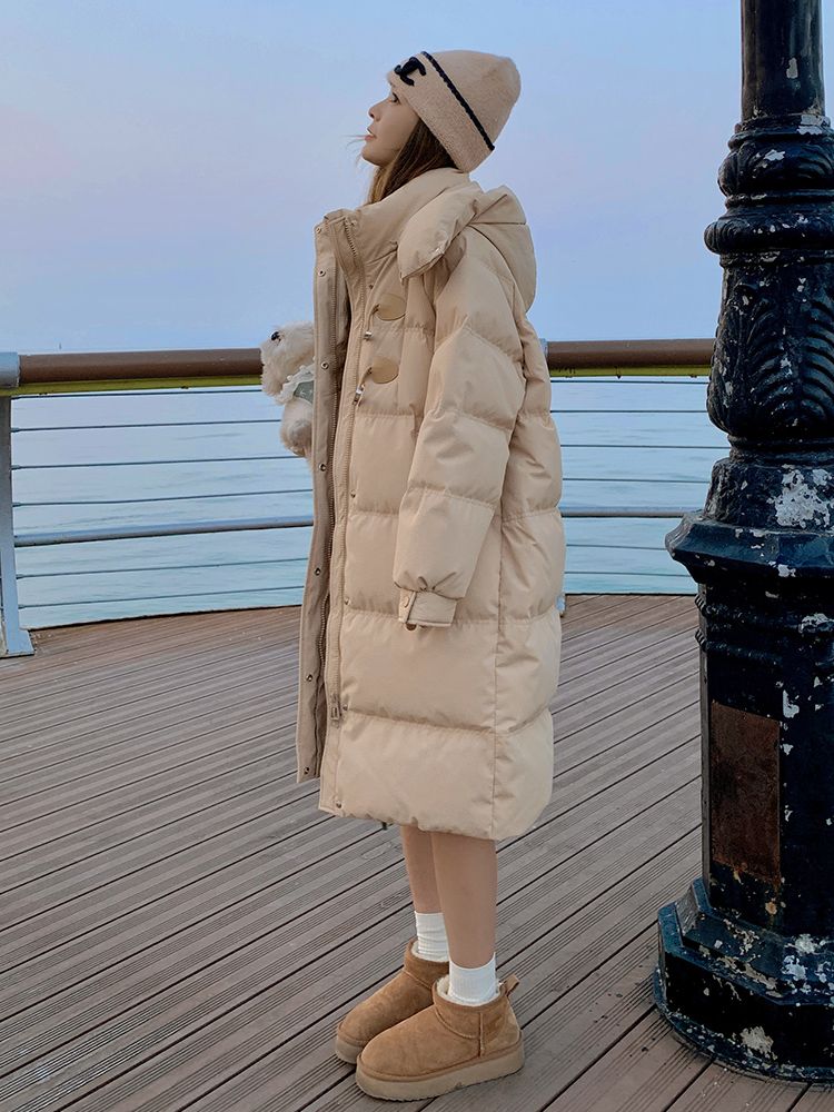カーキ色ダウンジャケット女2023冬保温増厚フード付き新ファッション中長タイプ韓版ゆるいコート