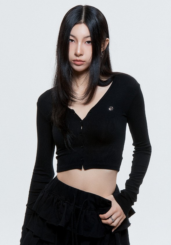 (DUC) V-Neck Crop Cardigan Black & Gray レディース服 韓国 ボタン