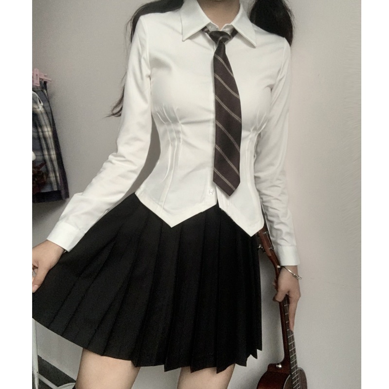 【1つ買うと10つ無料】女性のための待機閉鎖jkユニフォームシャツ女性のための純粋な欲望の長袖グレーホワイトシャツスリムボディ服