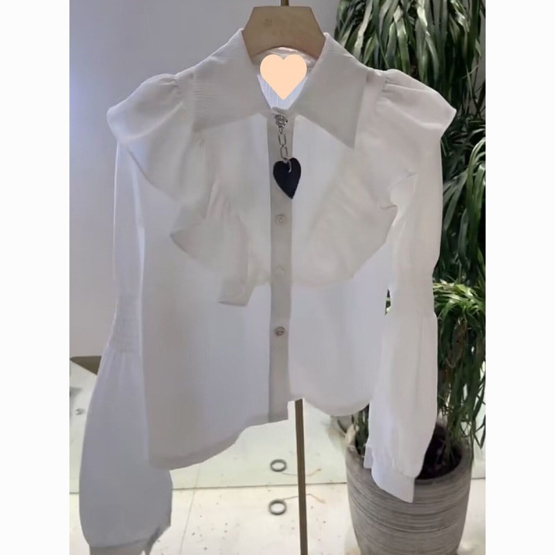 【1つ買うと10つ無料】女性のためのフリルパフスリーブ白いシャツ2025スプリングハイエンド感情甘い長袖