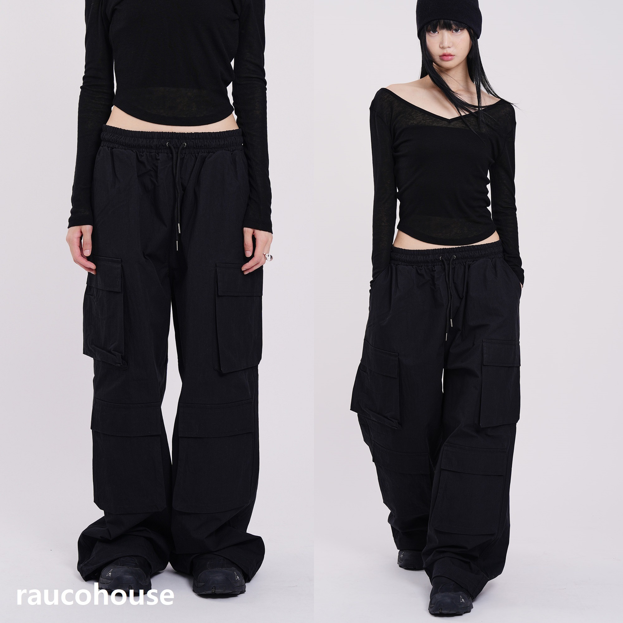 [韓国ファッション]ピクセル ワイド カーゴ バンディング パンツ (UNISEX) 3色 トレンド カジュアル スポーティ デートコーデ ミニマル リラックス 韓国スタイル アーバン