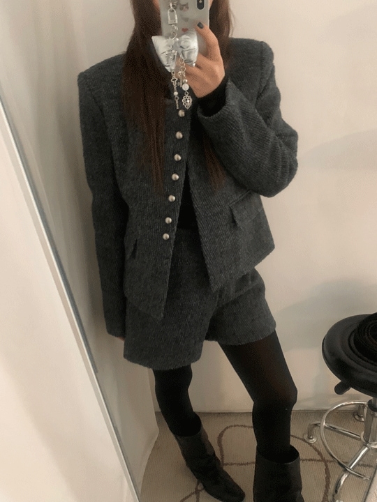 [年末ルック/クリスマス/セット可能] ウールミックス ツイール リングボール ノーカラー ジャケット