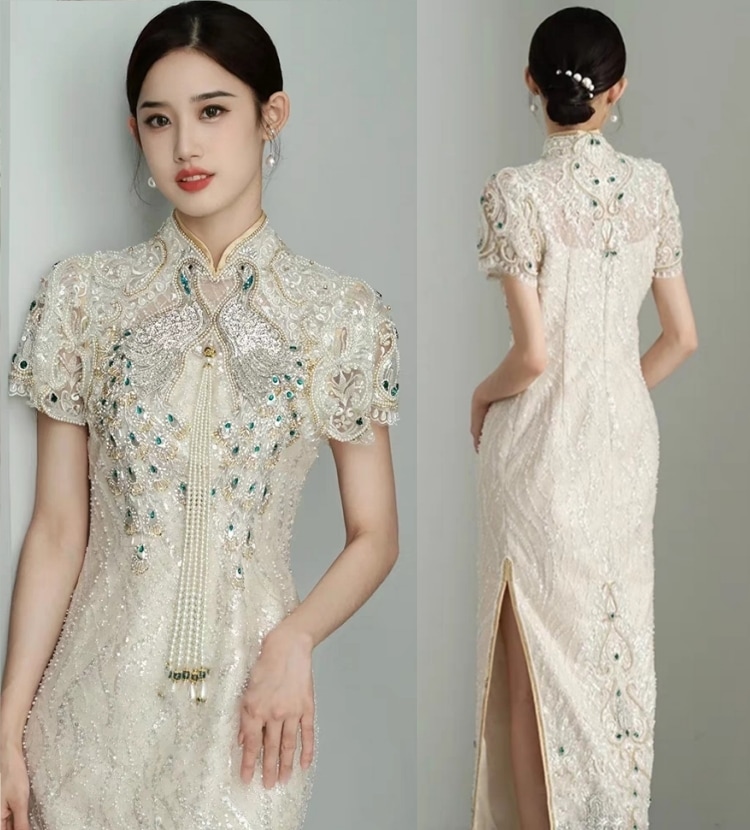 ウェディングドレス イブニングドレス 結婚 お揃いドレス ゲストドレス チャイナ式 チャイナドレス ドレス 手作り スパンコール 真珠