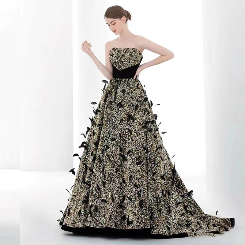 女性ブラックドレス2025バンケット気質ストラップブルーストホストロングテールスカートワンピースドレスドレス