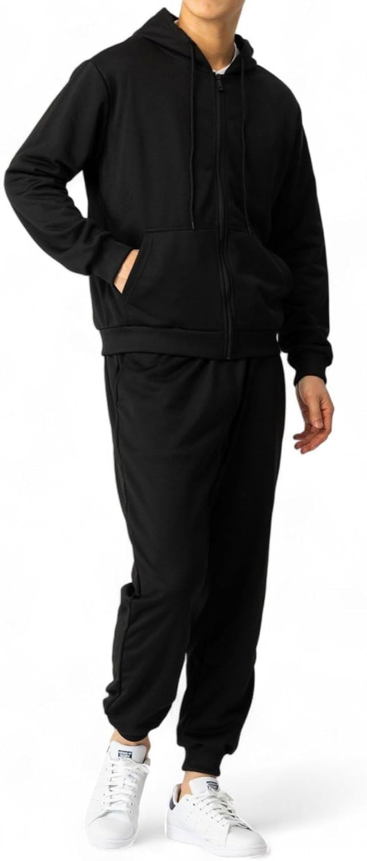 肌触りが心地良いジャージ メンズ 上下セット スポーツ 長袖 長ズボン ジム スポーツウェア トレーニングウェア ランニングウェア(4.ブラック(フード＆ファスナーあり), M)