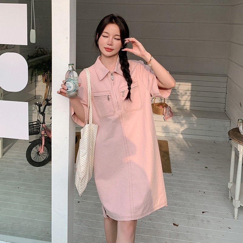 実際の撮影年齢削減POLOカラーワークデニムドレス2024新しい韓国の緩いストレートカレッジスタイルのドレス