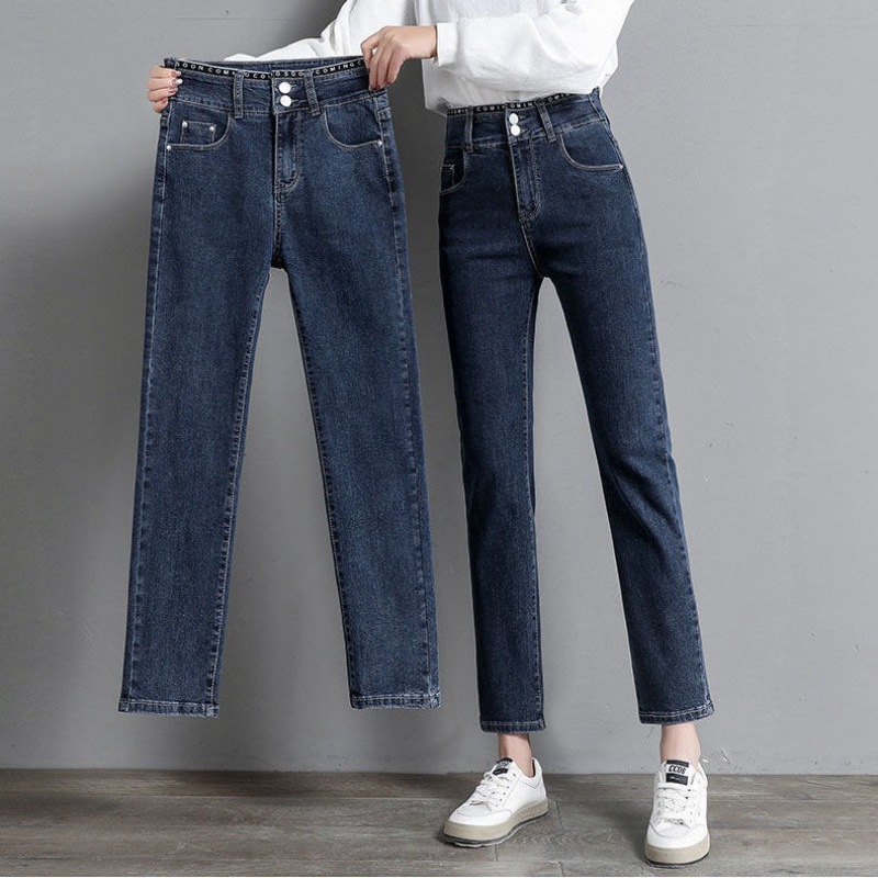 ハイウエストジーンズ女性の9点ストレートパンツ2025春と秋スリムフィット多用途ブルーグレーシガレットパンツ