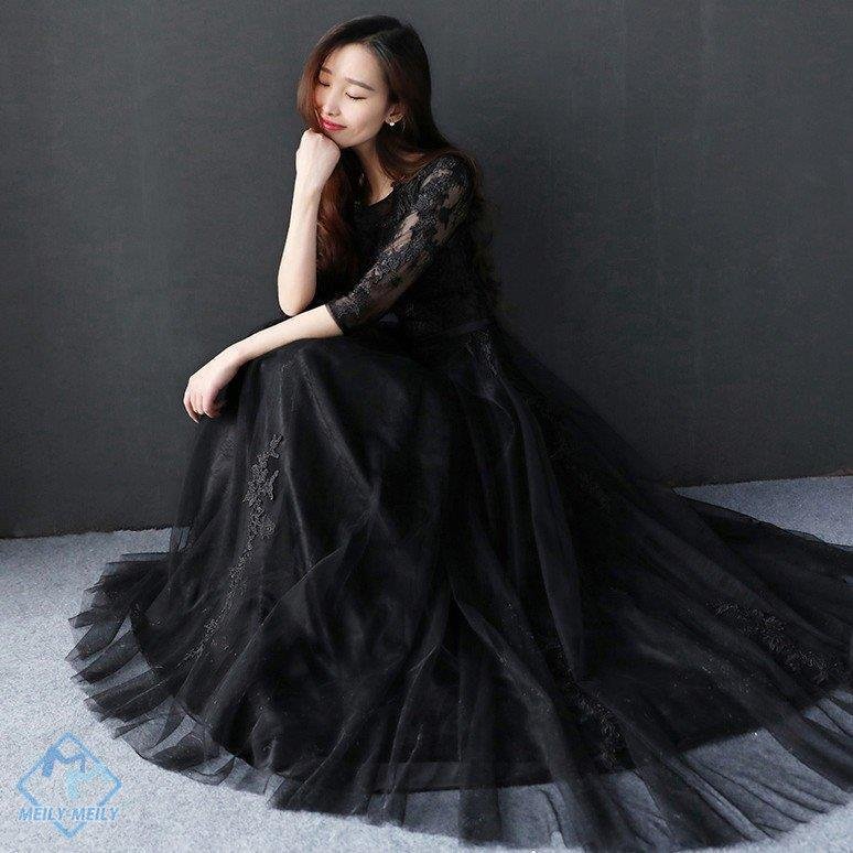 カラードレス 黒 ロング 安い カクテルドレス 演奏会 結婚式 イブニングドレス 二次会 長袖 ウエ