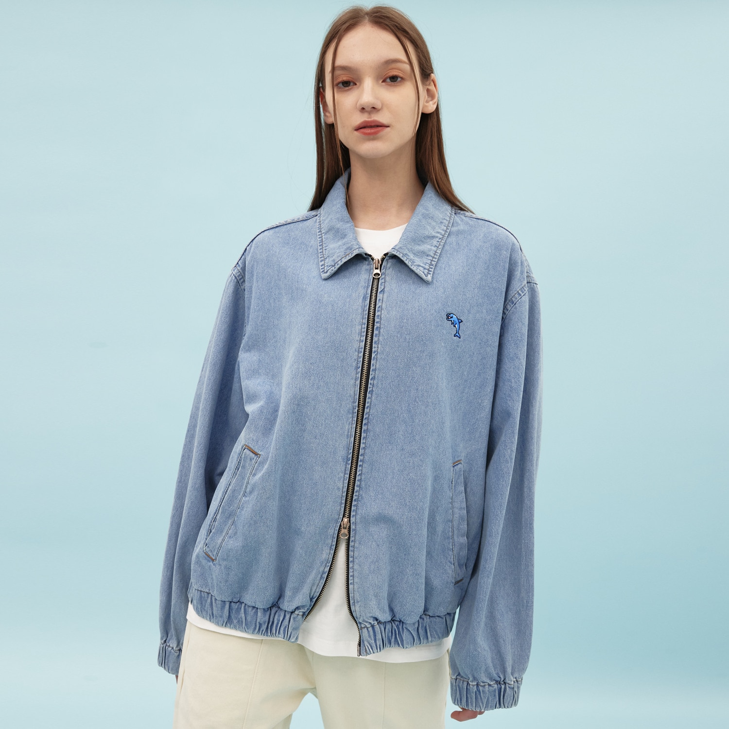 Dolphin embroidery denim jacket LIGHTBLUE