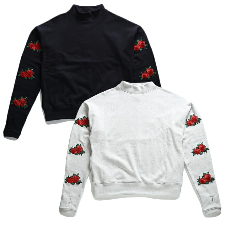 ストリート系 トレーナー 長袖 裏起毛 メンズ レディース 黒 白 大きいサイズ クラブノイズ スウェット モックネック 袖ロゴ 花柄 b系