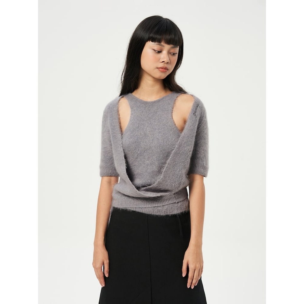 GANNI 起毛加工アルパカショートスリーブラップブラウス-フロストグレー FW23/QN3951R053