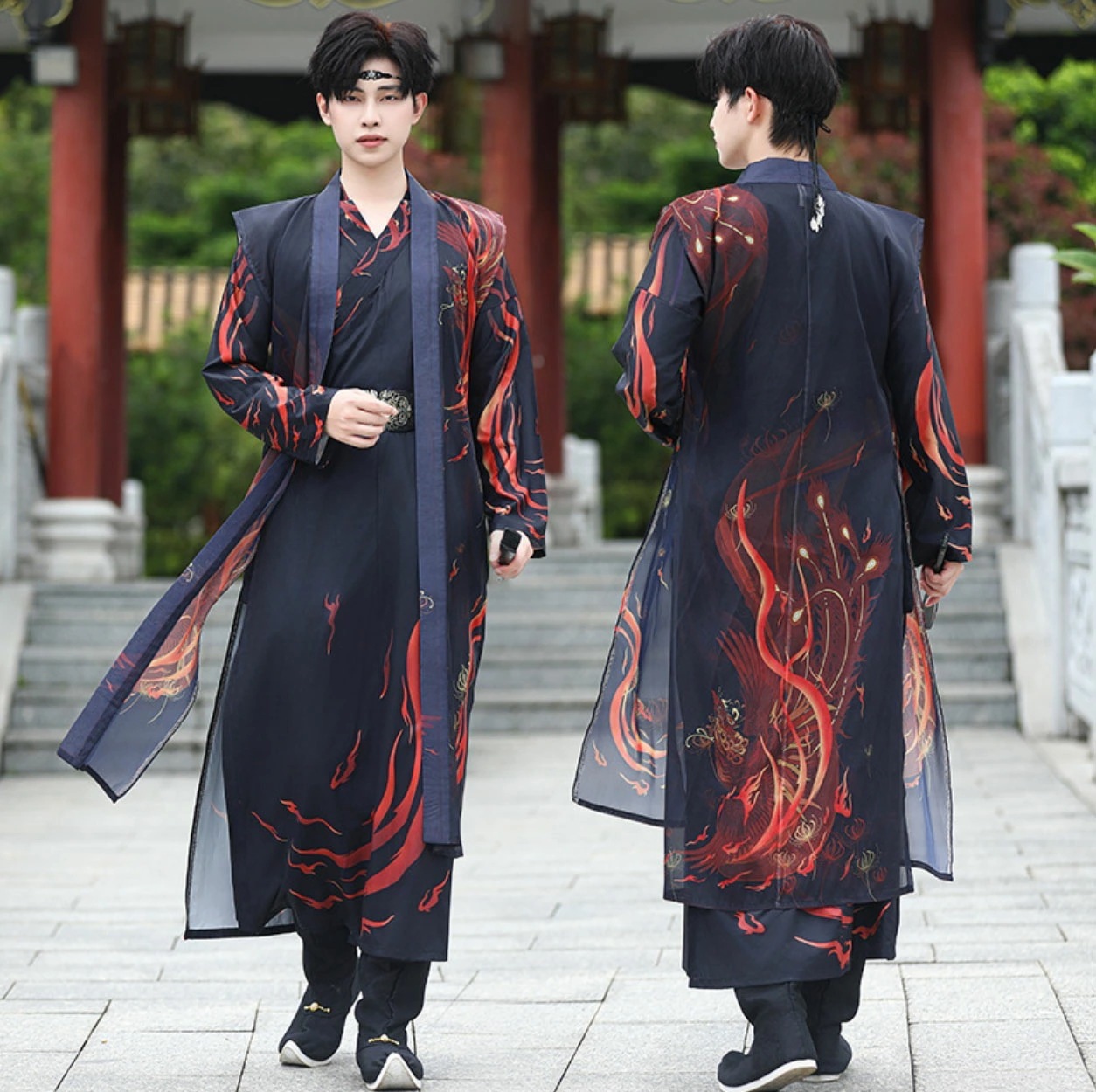 品質良い!店舗お勧め!チャイナ服 男性 漢服唐装 中華服 華流コスプレ衣装 3点 4点セット メンズ 中華衣裳 カンフー衣装 中国古代伝統漢服 鳳凰 フェニックス おしゃれなプリント 交差襟ブラウス