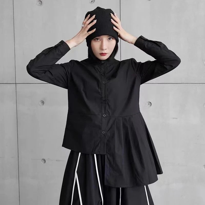 個性的な裾のシワが不規則カジュアル長袖シャツ純色トップス女