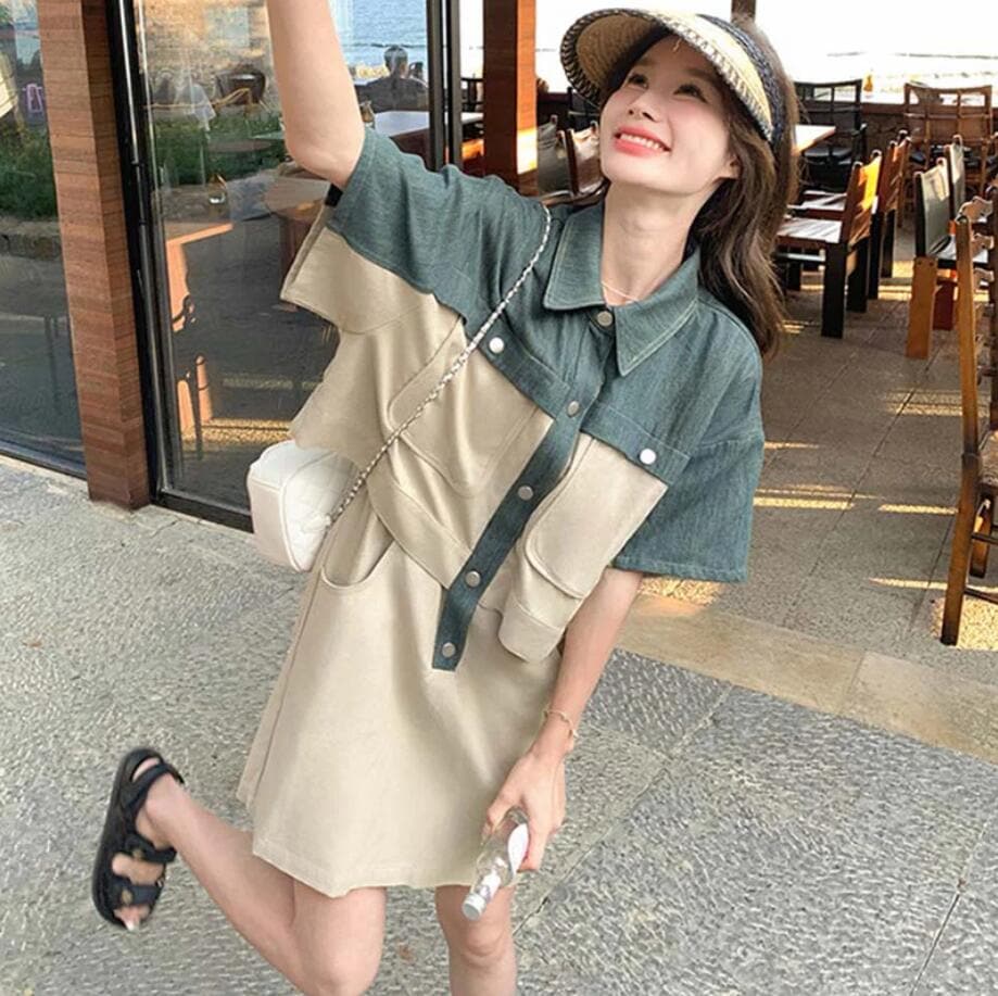 【3日で出荷】ツーピース風ツートンデニムワンピース フェイク 2ピース 襟付き シャツドレス 半袖 デニムワンピース