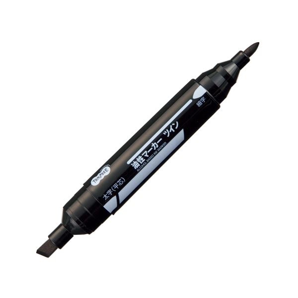 (まとめ) TANOSEE キャップ式油性マーカーツイン 太字+細字 黒 1セット（10本） (×10セット)