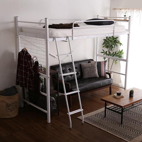 ロフトベッド はしご 宮棚付き コンセント付き パイプベッド 大人用 シンプル 2段ベッド スチール シルバー ブラック 黒 ホワイト 白 銀色 ブラウン 茶色