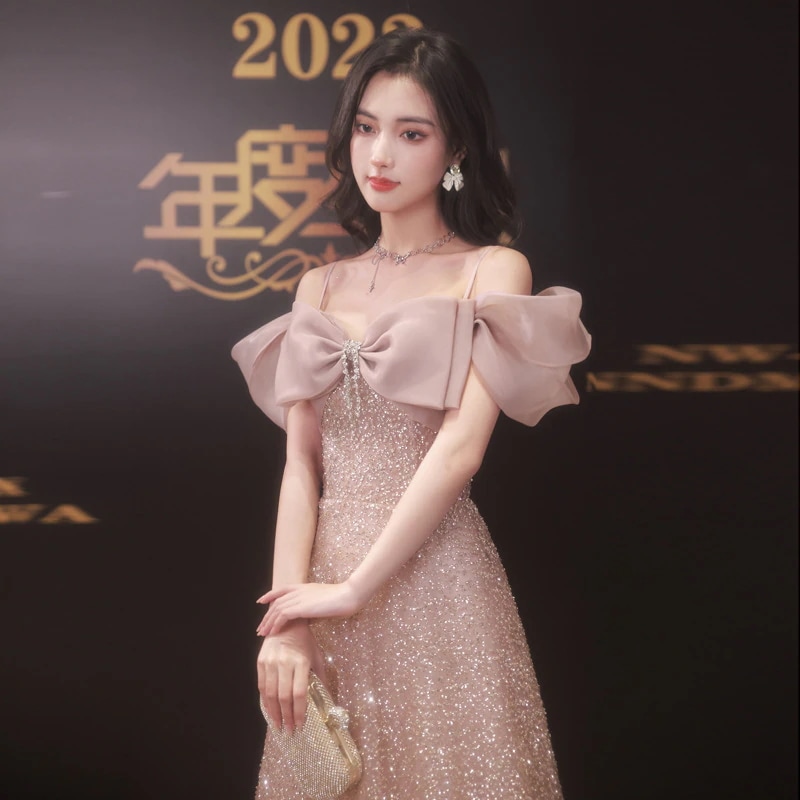 女性の宴会のための片肩のドレス重工業界ハイエンドセンスラグジュアリービーズホストサスペンダードレス 5,338円