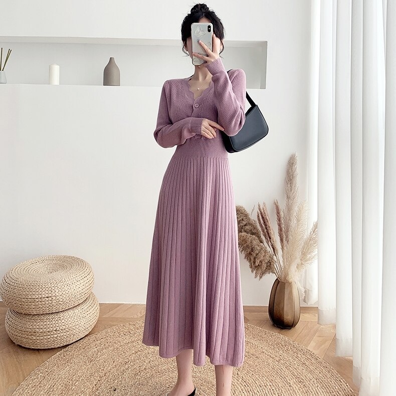 ワンピース レディース 送料無料 6色 ニット スカラップ Vネック リブニット レイヤード風 ロングワンピース プリーツオールインワン風 ロングドレス フォーマルドレス パーティドレス ミモレ ロン