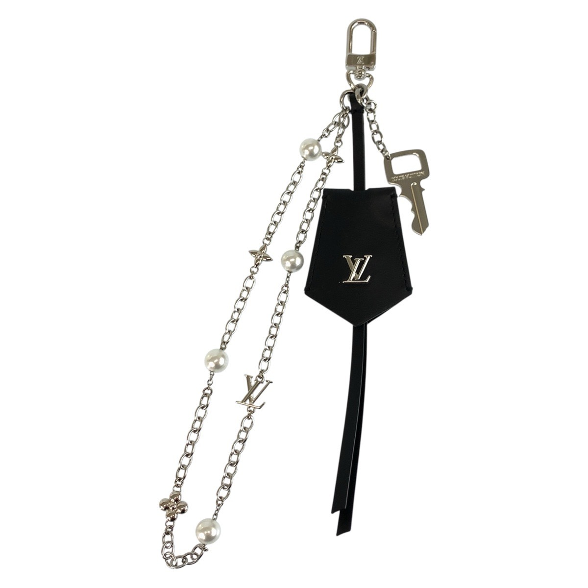 超美品 LV イニシャル ミッドナイトパールスタッキング ブラック 黒 シルバー レザー M02957 キーホルダー バッグチャーム レディース 602686