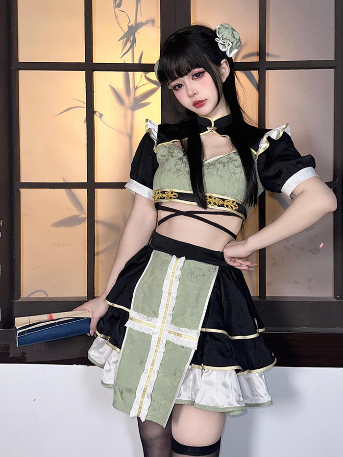 ゆめかわいい 中華風 メイド服 メイド コスプレ チャイナメイド チャイナ服 チャイナドレス 露出 セクシー 可愛い エプロン 髪飾り付き セット トップス スカート レディース 衣装 配色 ロリータ 4,375円