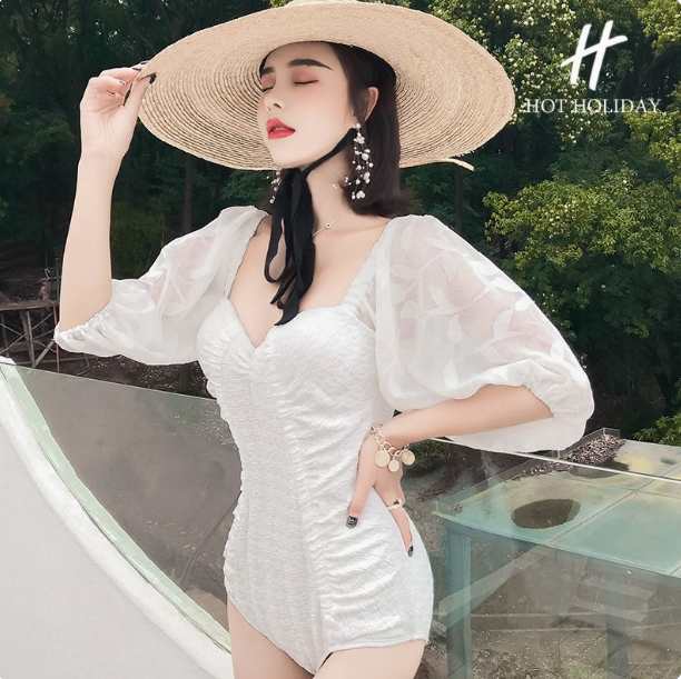 5分袖ワンピース水着 スイムウェア レディース パッド付き 二の腕カバー デコルテ ハイウエスト 露出少なめ シースルー かわいい 大人可愛い きれいめ シンプル カジュアル 華やか 大人っぽい おし