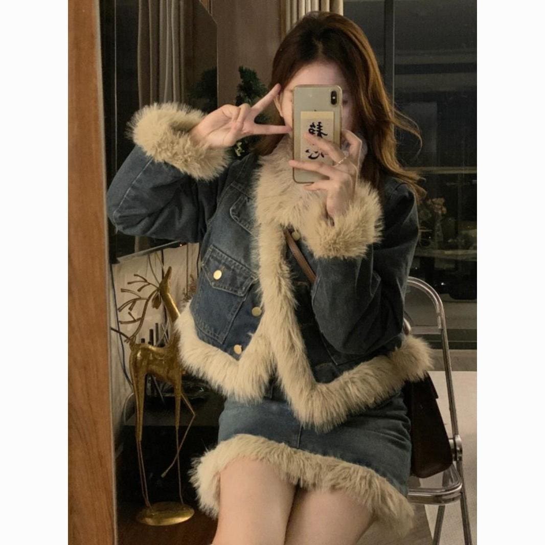 フレンチレトロな小香風着やせモコモコのキルティングデニムジャケットハイウエストギャルスカート2枚組