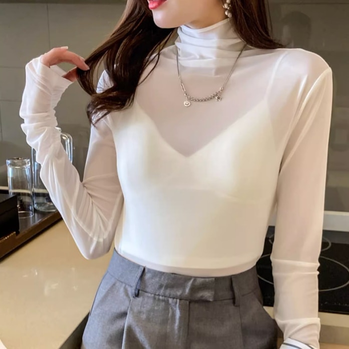 トップス カットソー 長袖 タートルネック チュール シフォン 大人可愛い シンプル カジュアル 大人 おしゃれ お洒落 大人女子 こなれ感 ラフ 無地 春 夏 秋 冬 オールシーズン シーズンレス