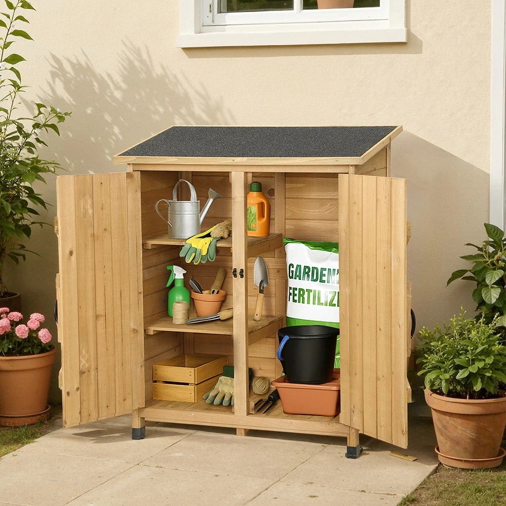 【国内即日発送】物置き 木製 収納庫 観音扉 ヨーロッパ風 ガーデニング用品 小屋 戸外収納庫 大型 屋外物置 棚 大型 ドア ベランダ 物置き 屋外収納 ガーデニング ウッド 園芸用品 庭 倉庫 D