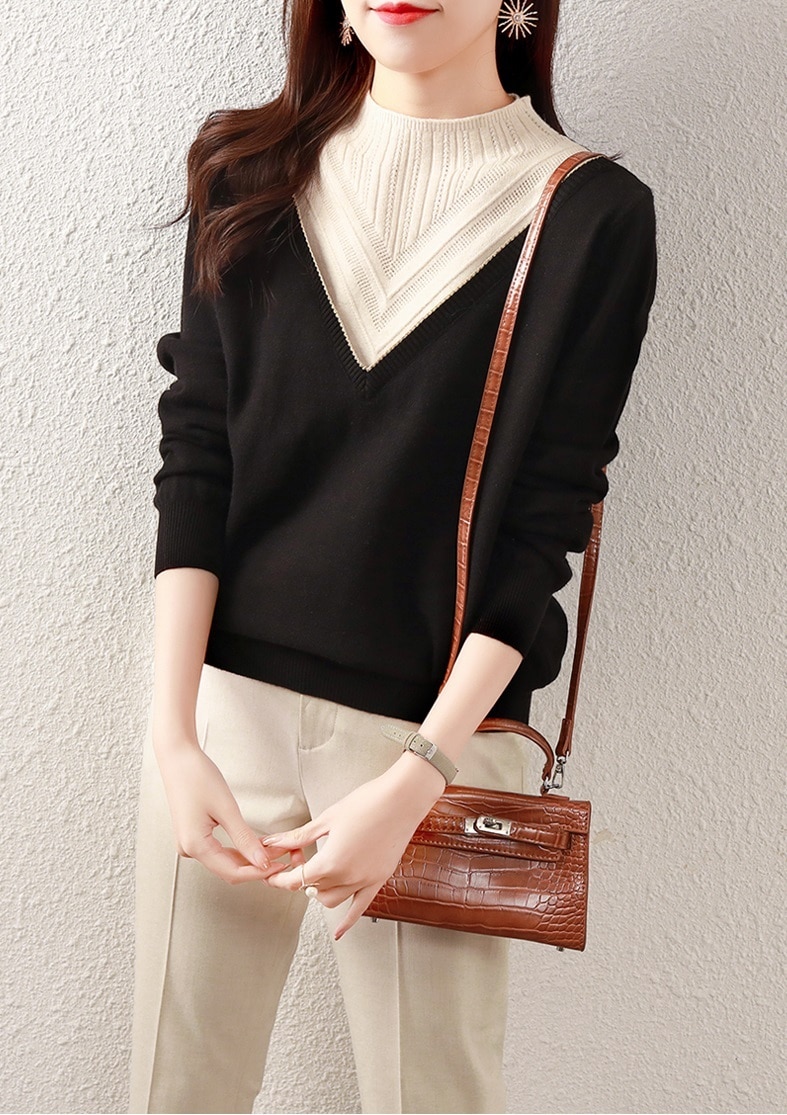 エレガント 外国風 ショート トップス ニット ウェア 秋 冬 ニッチ ハーフハイカラー セーター 女性 ブラック M L XL XXL トップス 袖あり かわいい 大人可愛い きれいめ シンプル
