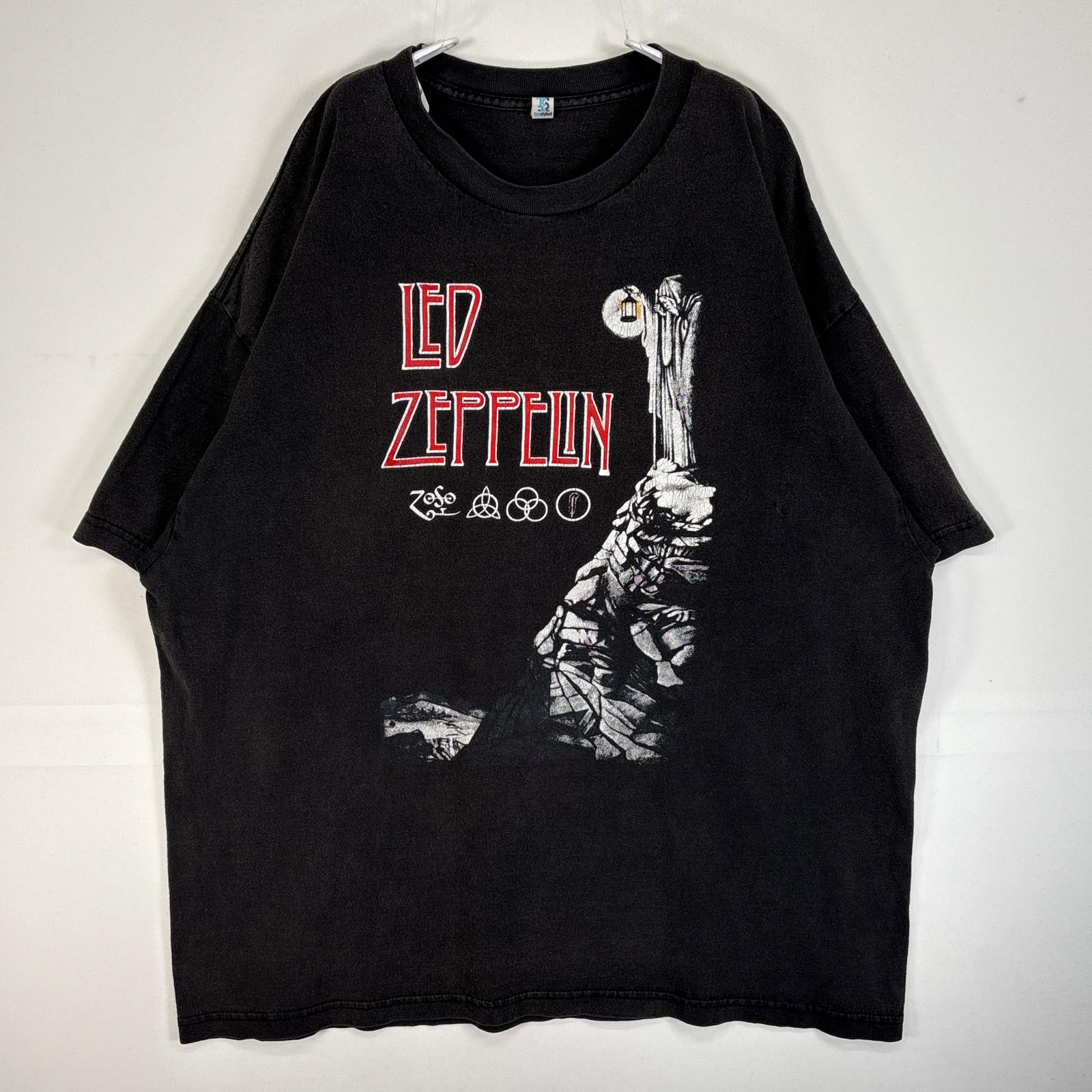 古着 LED ZEPPELIN 半袖Tシャツ バンド フェード風加工 クルーネック 大きいサイズ 2XL ブラック プリント メンズ