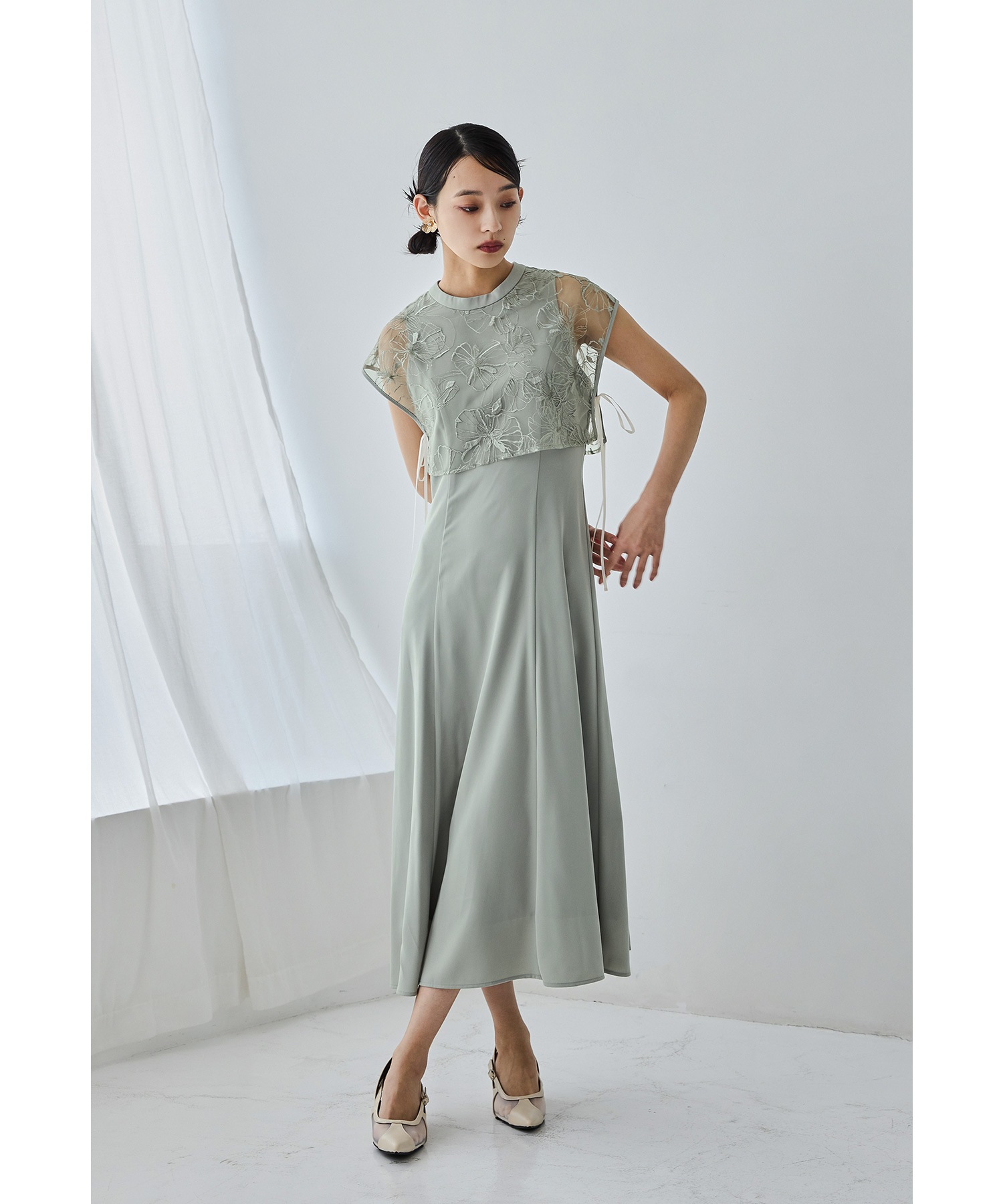 スパンコールレースドッキングドレス パーティードレス 結婚式 刺繍 レース 花柄 フレンチスリーブ リボン フレア 切り替え お呼ばれ パーティー 二次会 披露宴 謝恩会 成人式 同窓会 卒業式