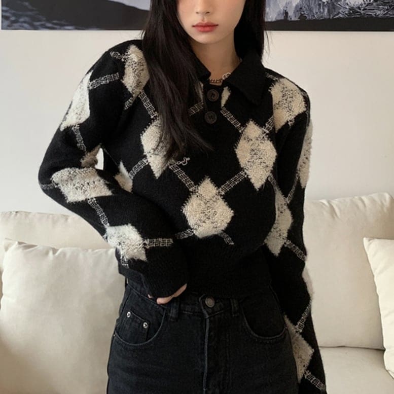 レディース ニット アーガイルポロ ダイヤ柄 アーガイルニット セーター プルオーバー