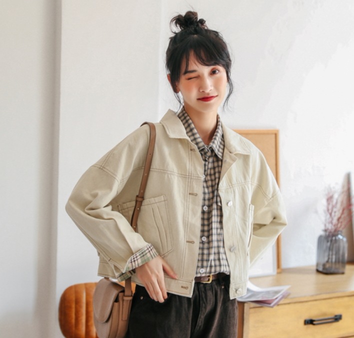 アウター ジャケット 袖あり 長袖 襟付き スタンドカラー かわいい 可愛い シンプル カジュアル おしゃれ お洒落 レトロ 可愛い 女子 こなれ感 ラフ 個性的 無地 チェック柄