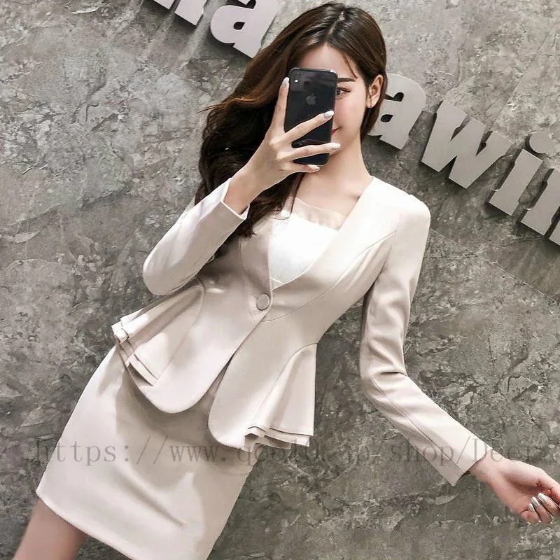 ス一ツ/新生活応援ビジネス特集 韓版背広のスーツの雰囲気の職業装女ハスの葉の修身背広タイトスカートスーツ/ ビジネス スーツ 洗える ストレッチ