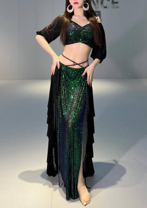 3色/社交ダンス ベリーダンス衣装 フリンジ スパンコール クラーデション レディース 上下セット 2点セット 舞台風 演出 上着＋スカート