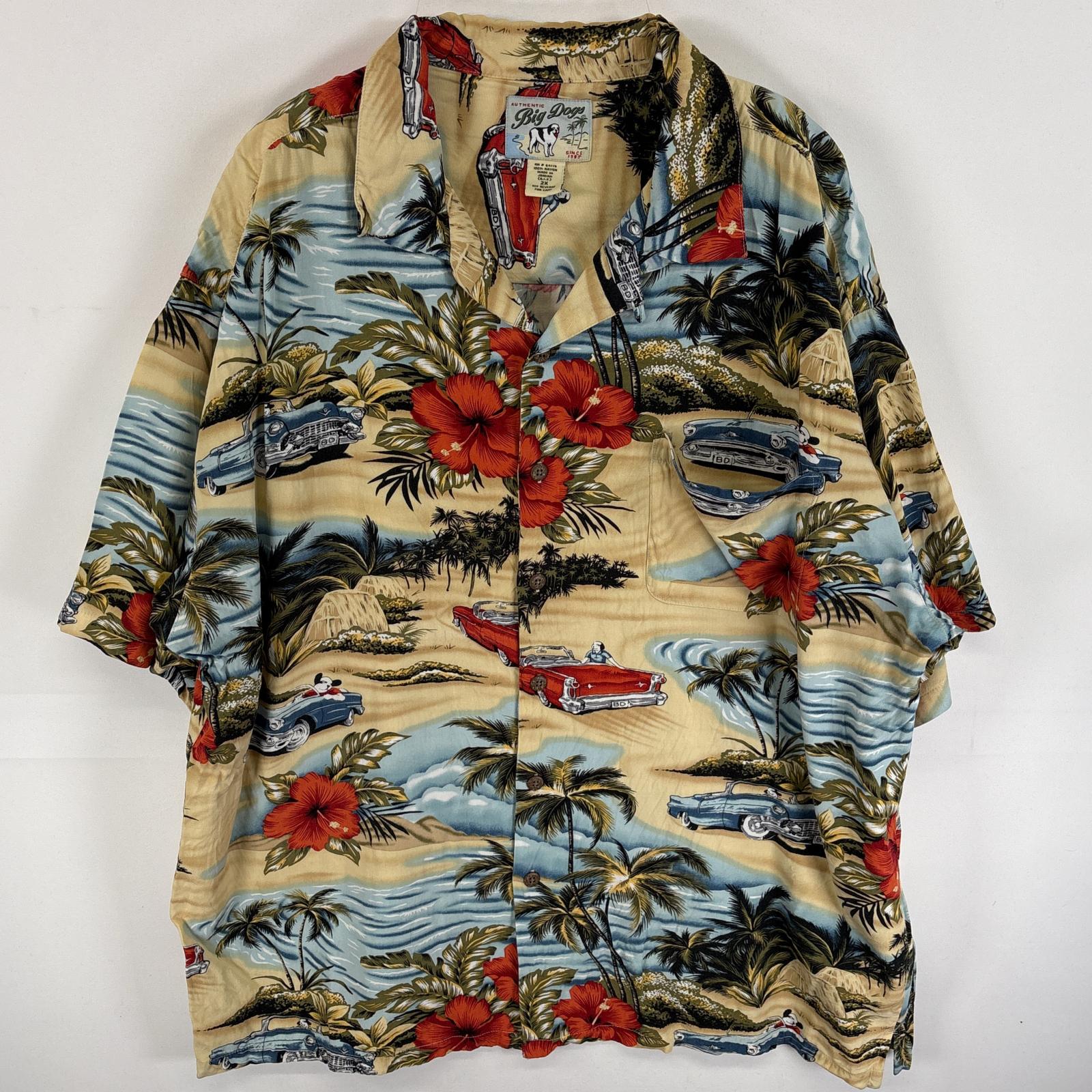 古着 ビッグドッグス BIG DOGS 半袖シャツ アロハシャツ 胸ポケ レーヨンシャツ 2X ベージュ系 総柄 メンズ