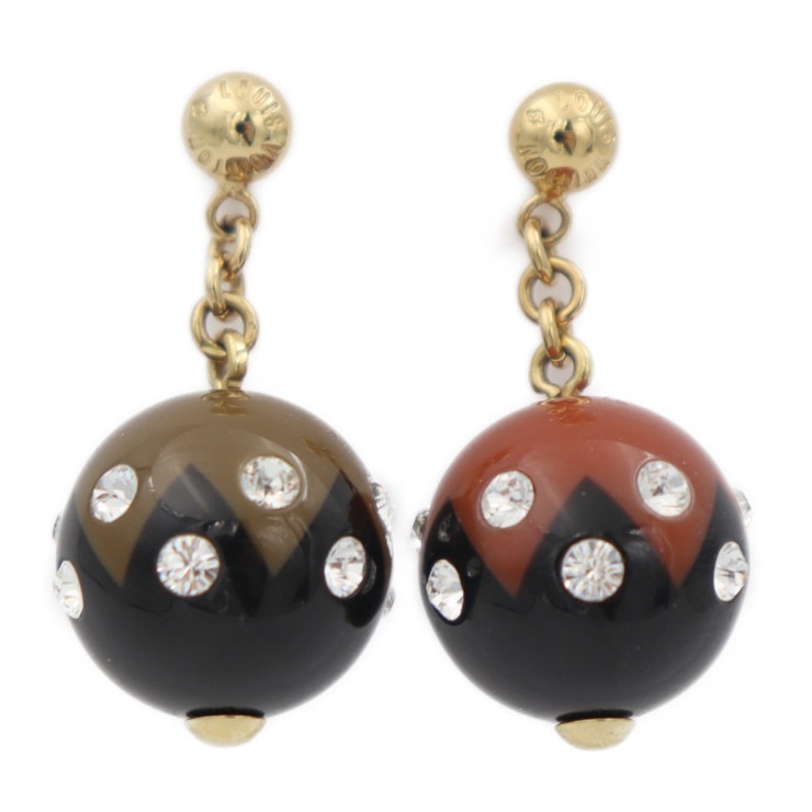 美品 LOUIS VUITTON ルイ ヴィトン ピアス M66397 ブックルドレイユ マグネティック レジン ラインストーン ブラック カーキ系 煉瓦色系 ゴールド金具 丸【本物保証】