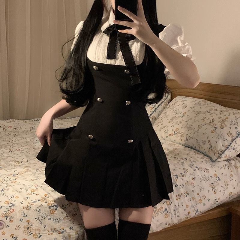 制服 韓国制服 制服 JK制服フレンチカレッジスタイルレースフェイク2ピース半袖セット薄いドレス カーディガン 制服スカート