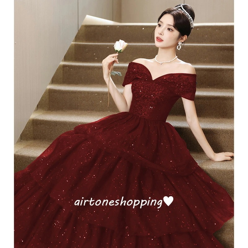 結婚式ドレス 二次会ドレス オフショルダー ワイン赤 ロングドレス ゲストドレス 刺繡花柄 ワインレッド ビーズ オシャレ 可愛い イブニングドレス 発表会ドレス オフショル パーティードレス ロング