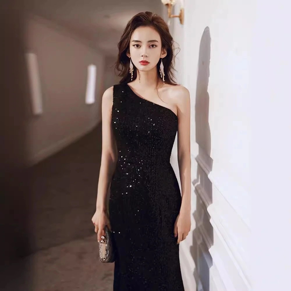 韓国ファッションドレス高級感気質ブラックフィッシュテール結婚式ワンピースロングドレスフィッシュテールロングワンピース