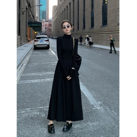 【取寄：納期2週間】ニットワンピース レディース ロングワンピース ニット セーター ロング丈 ハイネック Ａライン シンプル 無地 長袖 秋冬 ブラック グレー カジュアル お出掛け おしゃれ