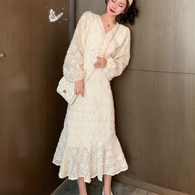 ロングワンピース スイート ブラック 黒 アプリコット ミディアム丈 袖あり 長袖